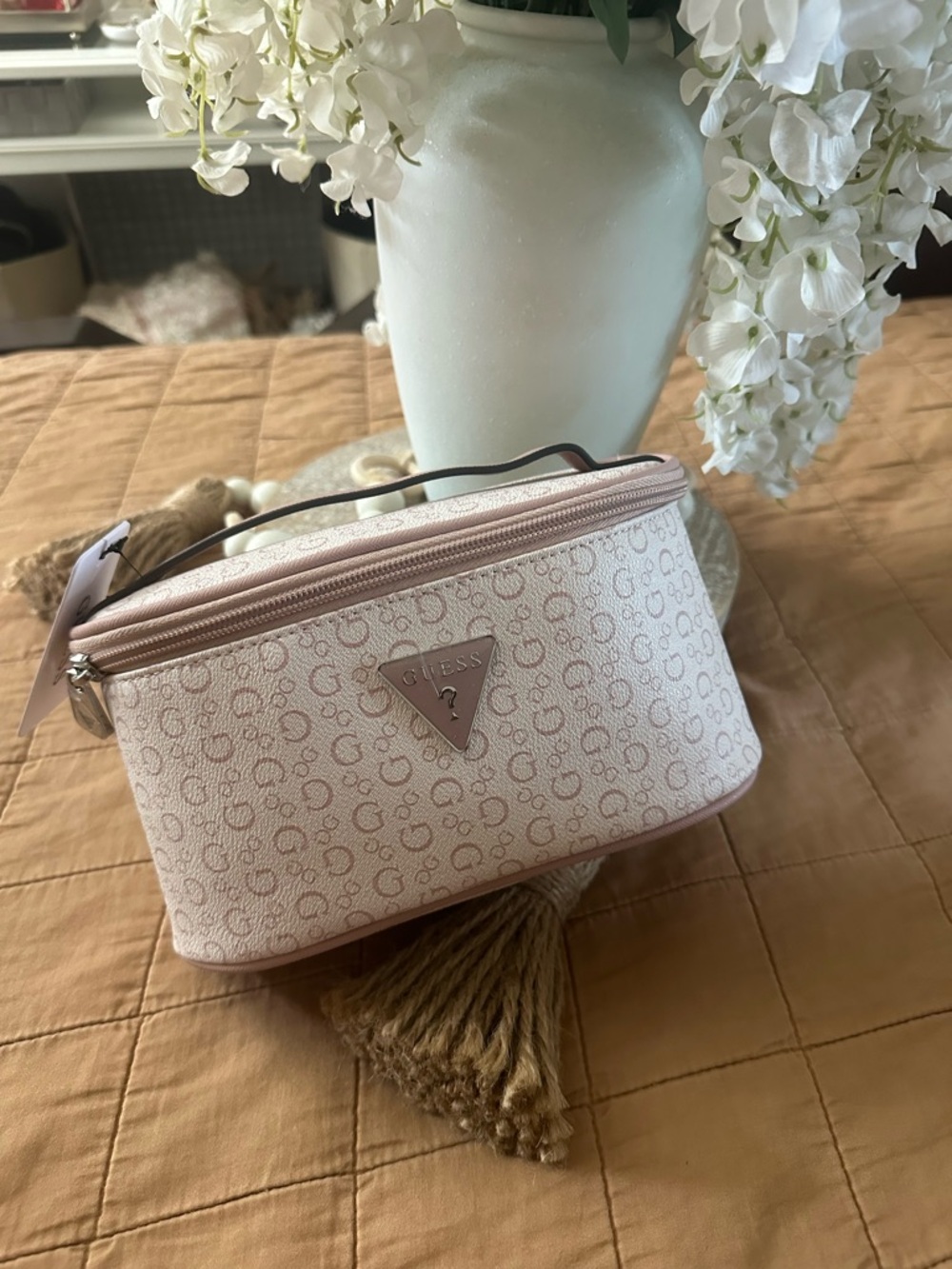 GUESS Light Pink Monogram Cosmetic Case with Top Handle